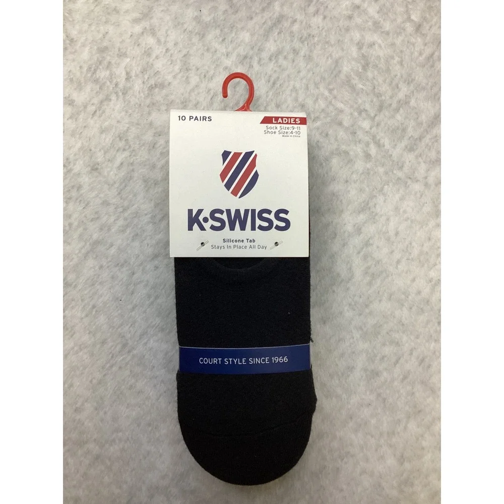 K-Swiss Ladies 10 Pair No Show Liner Sock Black Silicone Tab size 4-10 KSSKL0020